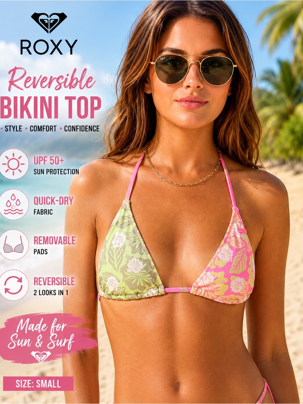 Roxy Women's Reversible Bikini Top – UPF 50+, Quick-Dry, Removable Pads Pink, Sm